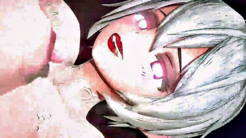 Silver-haired anime girl with glowing pink eyes face-smashed into massive pale tits, red lips smeared in tit smother.