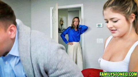 Joshua Lewis eyeing busty blonde stepsister and stepmom in blue blouse