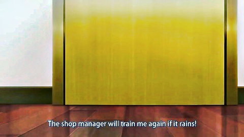 Cosplay college girl in shop awaits manager's rainy training session