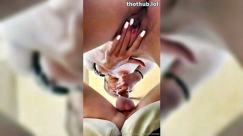 Petite babe spreads shaved pussy riding thick cock cowgirl POV