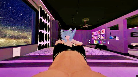 Blue-haired femboy in black lingerie, POV view in space room