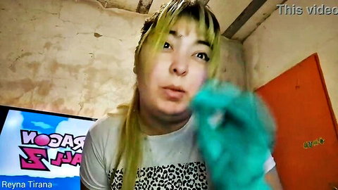 Blonde Asian MILF in t-shirt and leopard skirt teasing playfully