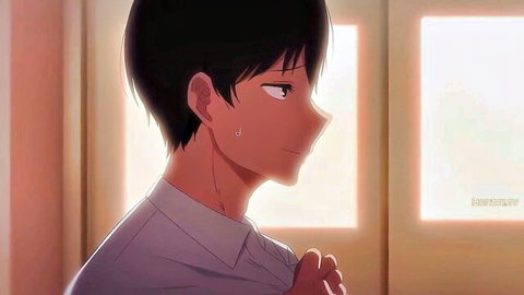 Anime hentai boy in white shirt smiling sideways in soft light
