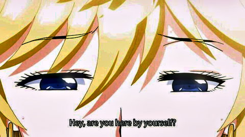 Blonde anime wife with blue eyes seductively asking if alone in Hitozuma Life One Time Gal Ep.1