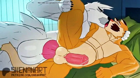 Muscular white wolf furry thrusts huge pink cock into orange tiger's tight furry ass in gay cartoon sex.