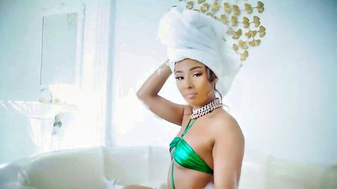 Rubi Rose in sexy green bikini top, towel turban, seductive pose in bath