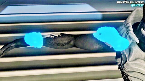 Glowing blue tentacles with scaly black skin emerging from sci-fi vent in cartoon hentai