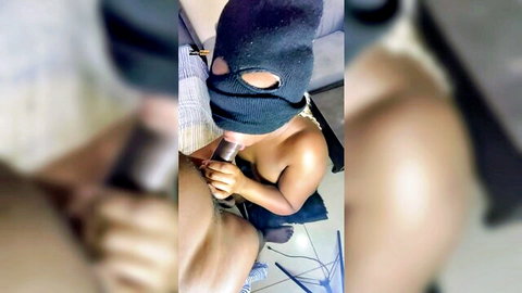 Masked ebony babe kneels topless sucking huge black cock in amateur POV blowjob
