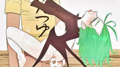 Hentai green-haired girl bent over table exposing ass and pussy with dripping cum