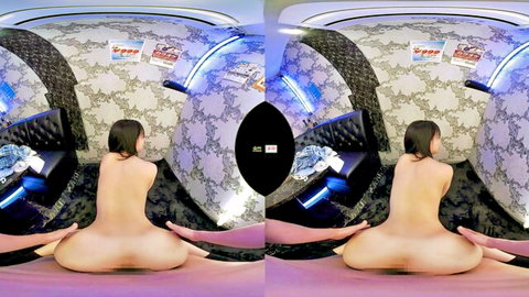 Nude Asian woman in VR solo pose, spreading legs to expose ass and pussy from behind