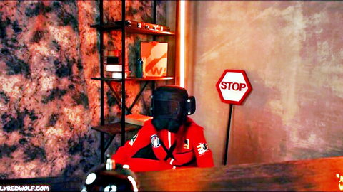 MollyRedWolf in Lethal Company cosplay, masked in red uniform at desk