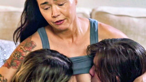 Dana Vespoli in intense MMF threesome embrace with two men