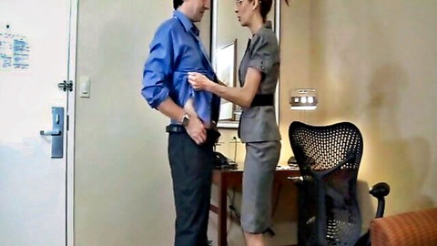 CFNM femdom tease with Asian woman in suit adjusting man's shirt for blowjob scene