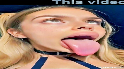 Blonde woman with pigtails sticks out long pink tongue in black harness choker