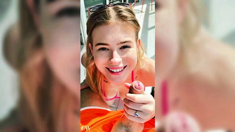 Smiling blonde in pink bikini holds thick veiny cock near her open mouth poolside