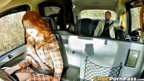 Cherry Candle redhead in taxi with driver, plaid skirt tease