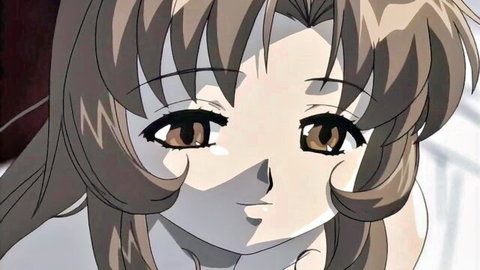 Cute anime hentai girl with long brown hair and innocent brown eyes close-up