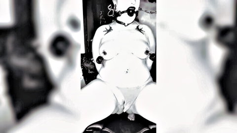 Goth BBW slut gagged and cuffed to chair, nipples tortured, exposed nudity