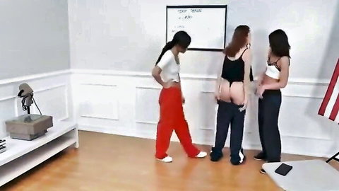 Three women in pantsing prank exposing ass in classroom