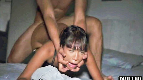Asian babe in doggy style fucked hard, man gripping face pulling head back with tongue out
