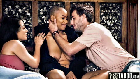 Jenna Foxx bald ebony big tits cheered up by poly couple in threesome