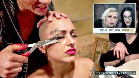 Bald tattooed Sarah trimmed by stepmom, Susan and Anna react in Perverse Family