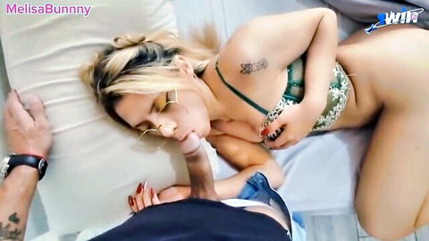 Melisa Bunnny blonde in green lingerie giving blowjob during stepdad fantasy