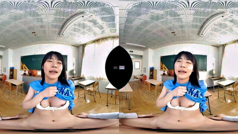 Japanese woman in blue NASA top exposes tits and pussy in splits, VR classroom solo