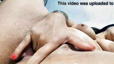 Curvy Latina babe with big natural tits and hairy pussy getting fingered hard closeup