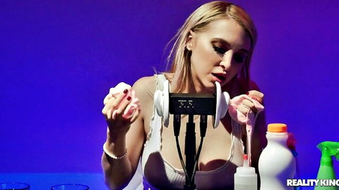 Alix Lynx blonde bombshell in soapy wet tease with suds and cleavage