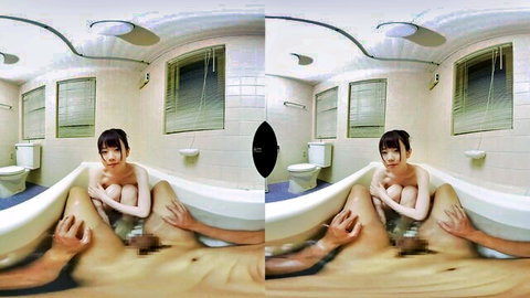 Naked Asian babe in VR bathtub squats with hands spreading her wet pussy and grabbing tits