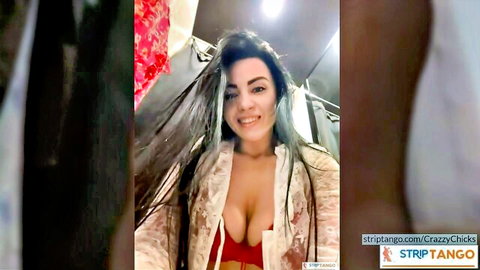 CrazzyChicks sexy brunette in red bra and sheer robe showcasing cleavage