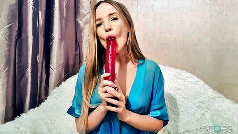 Kaisa Nord MILF sucking red dildo in sheer blue dress tease