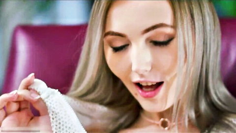 Sia Siberia blonde teen holding sexy lace top, seductive solo smile