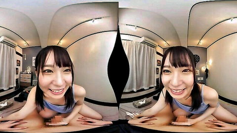 Smiling Japanese temptress posing intimately with cake, VR view
