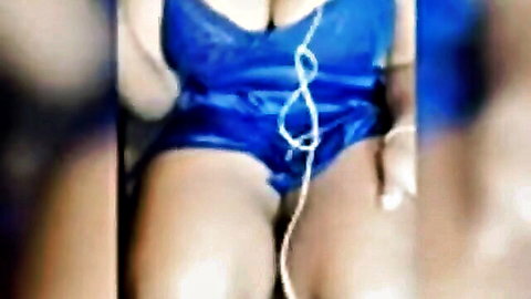 Curvy ebony woman in blue lace lingerie spreading legs in sex chat
