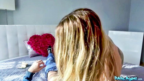 Marica Chanelle in Valentine's Day tease, blonde from behind with jeans down