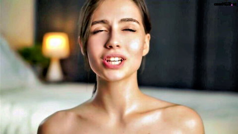 Chaturbate girl Sheenadu teasing topless, glossy skin and playful expression close-up
