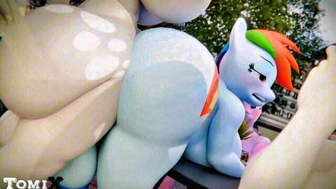 Rainbow Dash pony next to huge white furry ass in delivery costume scene