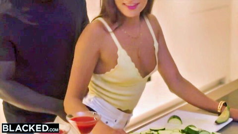 Talia Mint seducing crush in low-cut yellow top, cleavage tease with cocktail