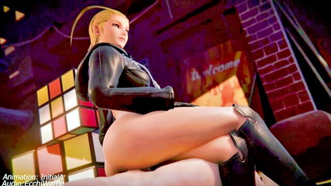 Larxene cosplay sitting seductively in open leather jacket, fishnets, and boots exposing curves