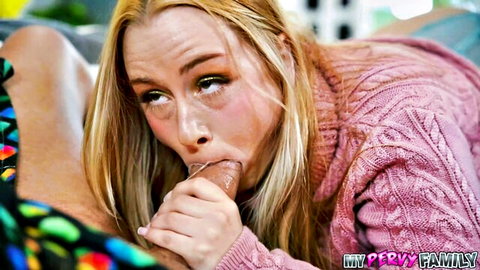 Zoey Uso blonde stepdaughter giving blowjob in pink sweater
