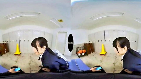 Asian schoolgirl in uniform teasing in VR locker room