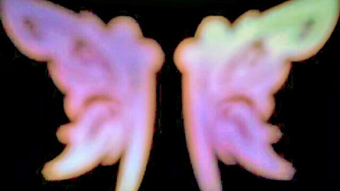 Colorful purple and green anime fairy wings glowing on black background