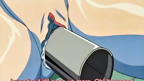 Hentai girl spreads pussy wide for thick metal dildo insertion with pink labia and dripping juices