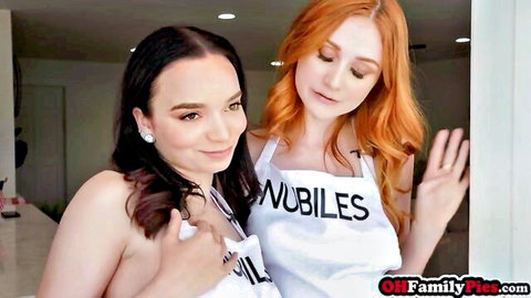 Brunette and redhead stepsis with friend in aprons teasing playfully