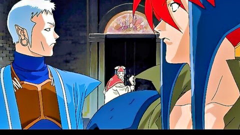 Anime hentai scene: elf warrior confronts red-haired fighter and masked figure in VIPER RSR Ep.4