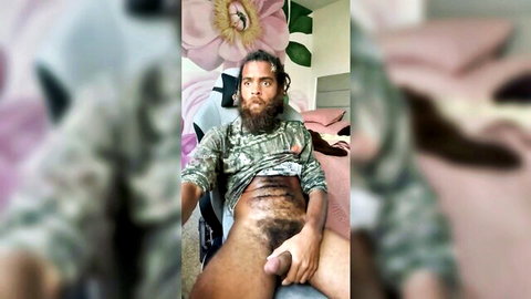 Bearded hairy man Rock Mercury solo masturbation with tattoos