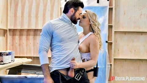 Blonde with exposed perky tits passionately kissing bearded stud with hard cock out grabbing her ass