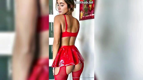 Curvy brunette babe in shiny red open-crotch lingerie exposing juicy ass and pussy from behind